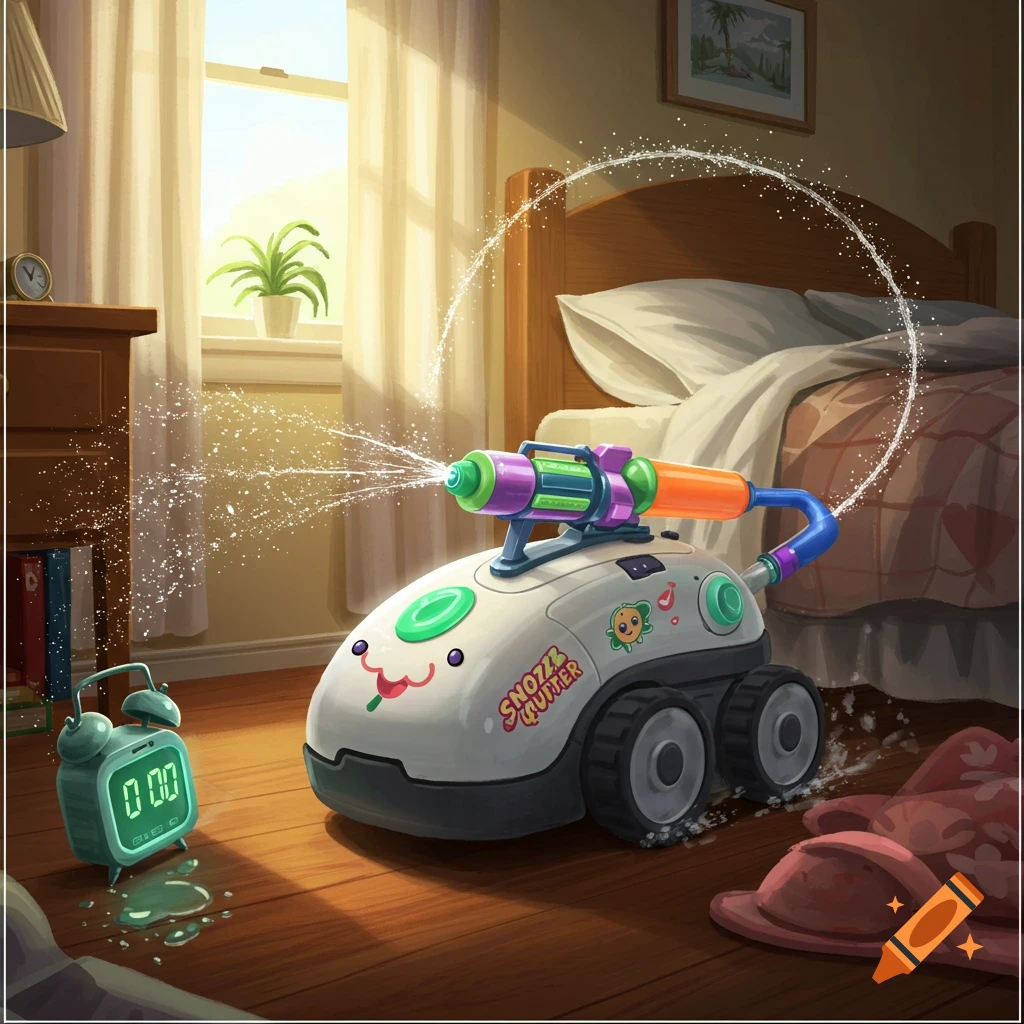 A cartoonish 'Snozz Squirter' robot with a water gun sprays water at a digital alarm clock on the floor of a sunny bedroom.