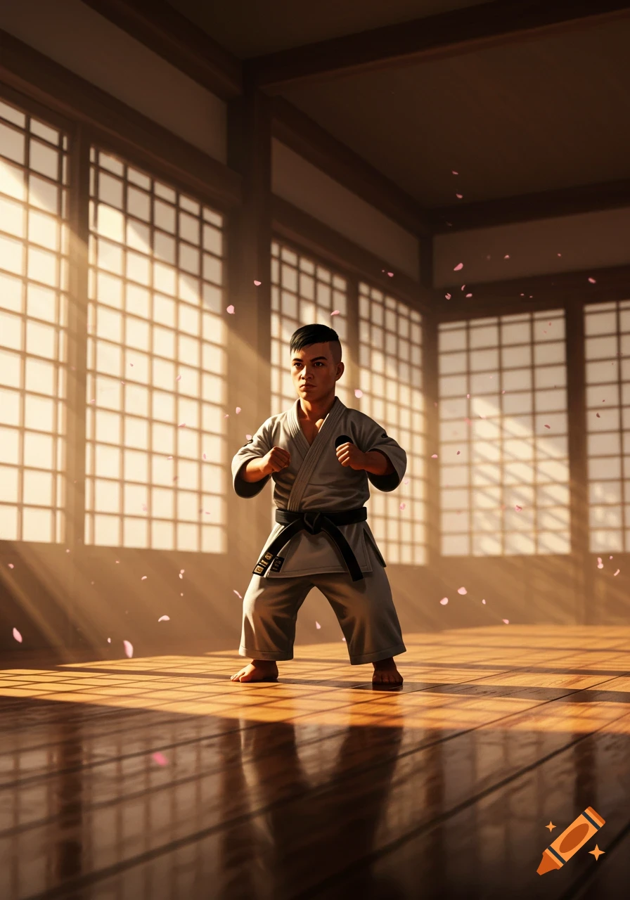 A young boy in a white karate gi and black belt stands in a traditional Japanese dojo with sunlight streaming through shoji screens.