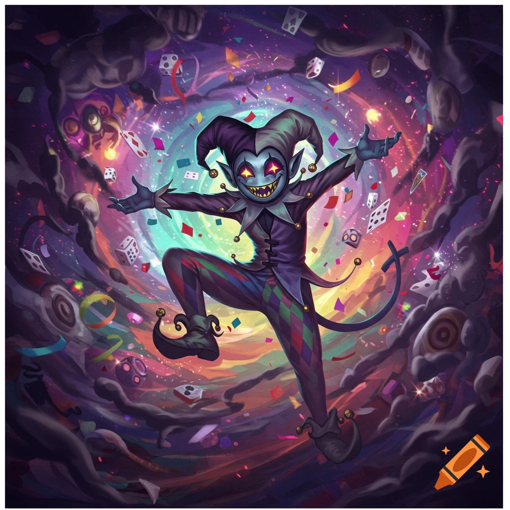 A mischievous jester with glowing eyes in a colorful harlequin suit, surrounded by swirling playing cards and confetti in a chaotic, cosmic background illustration.