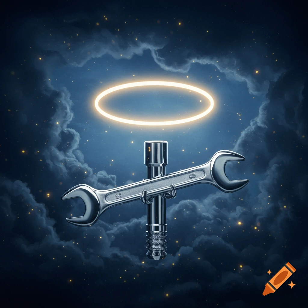 A chrome wrench and a socket wrench are arranged like a cross against a dark blue, cloudy night sky with golden stars and a glowing halo above.