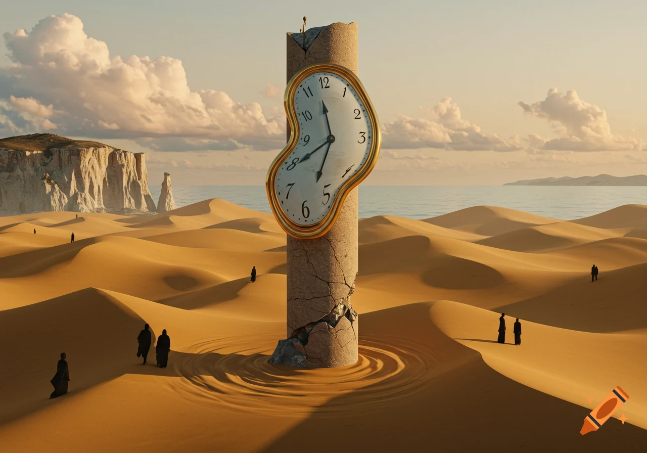 A surreal desert landscape with a melting clock draped over a cracked pillar, with distant cliffs, ocean, and small figures.