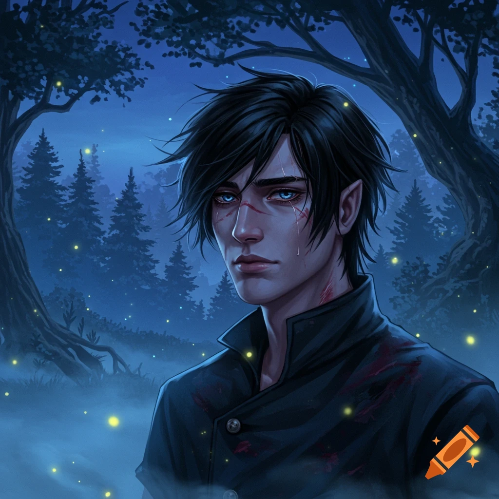 Digital illustration of a dark-haired, blue-eyed male elf with face scars in a mystical, misty forest at night with fireflies.