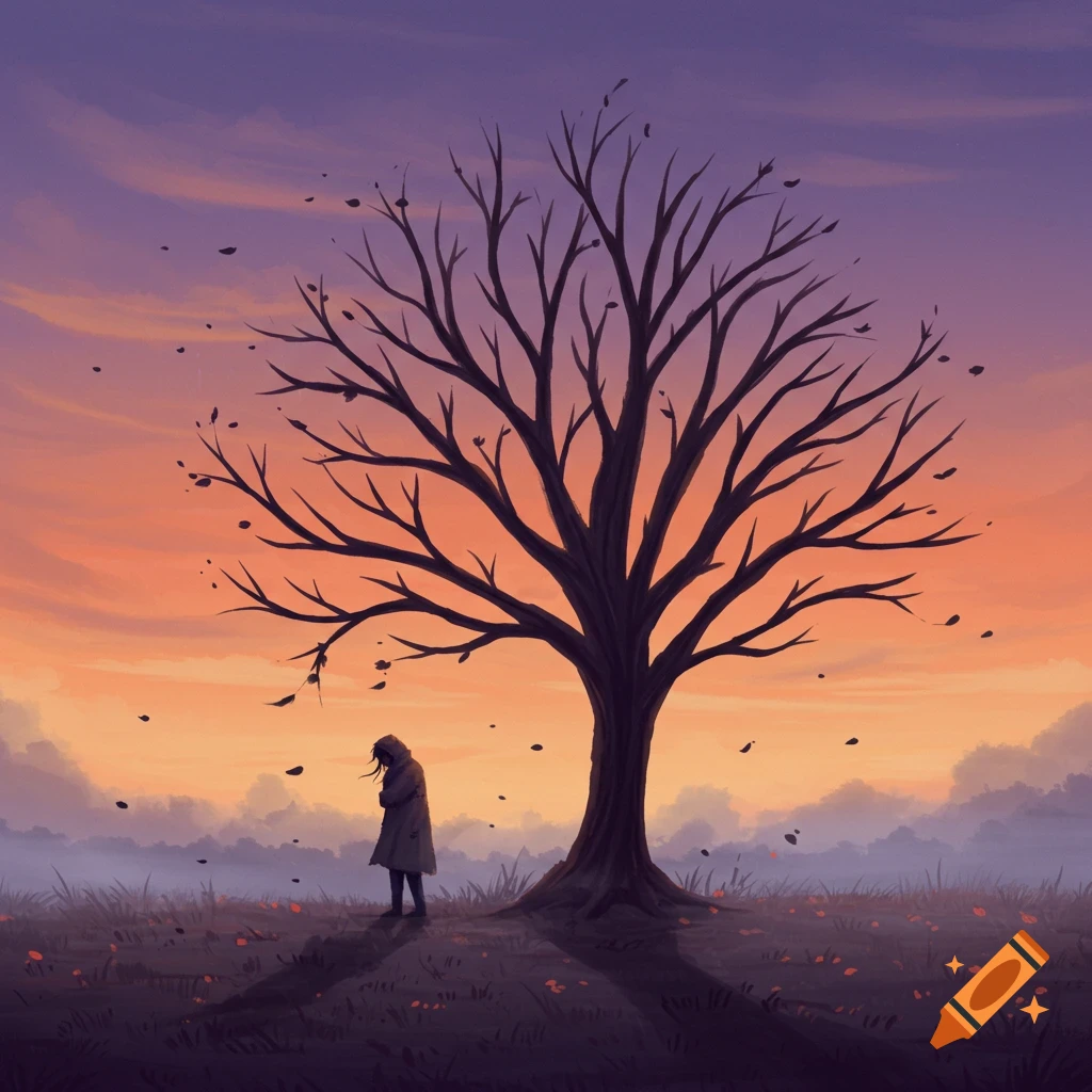 A lonely figure stands under a bare tree against a vibrant orange and purple sunset in a stylized, painted landscape.