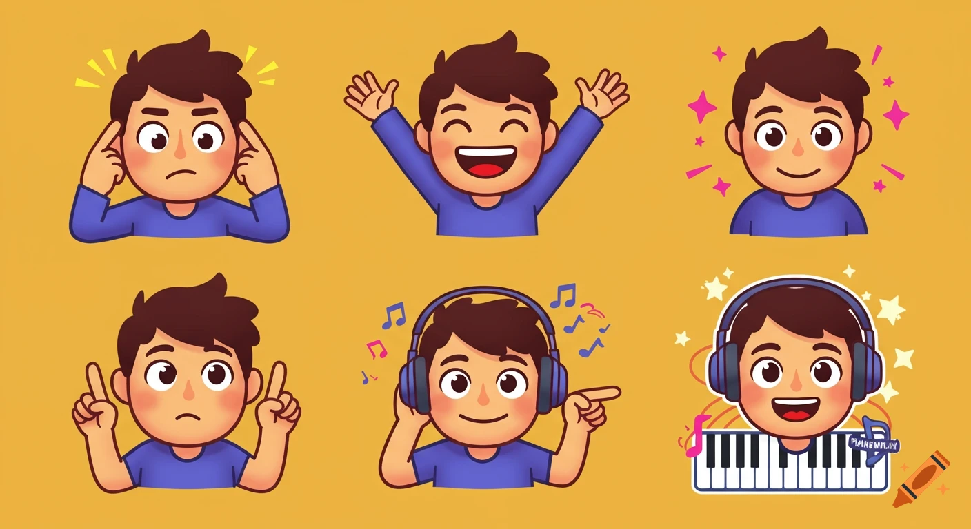 A grid of six cartoon boy emojis on an orange background, showing various expressions like thinking, happy, sparkling, annoyed, listening to music with headphones, and playing piano.