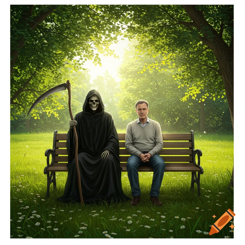 A man and the Grim Reaper sit side-by-side on a wooden bench in a sunlit park, surrounded by green grass and trees. Photorealistic.