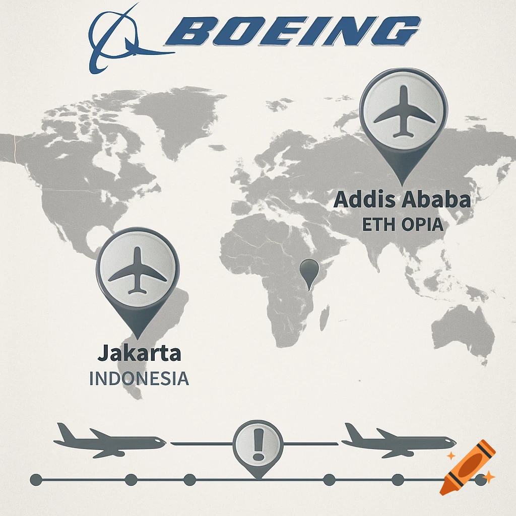 A world map with two dark grey pins marking Jakarta, Indonesia and Addis Ababa, ETH OPIA. A Boeing logo is at the top, and a timeline with two planes and an exclamation mark is at the bottom.