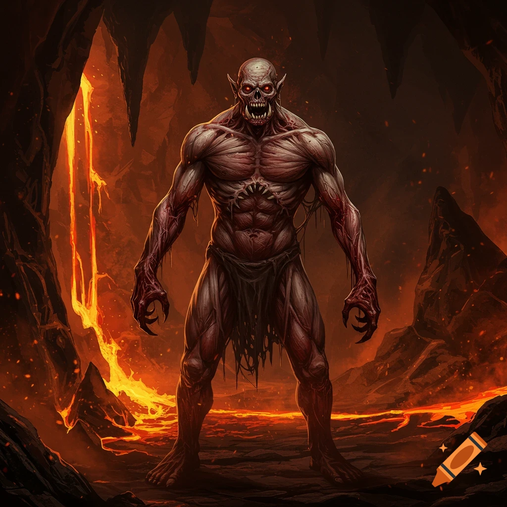 A monstrous, skinless creature with sharp teeth and glowing red eyes stands in a fiery, lava-filled cave, dark fantasy art.