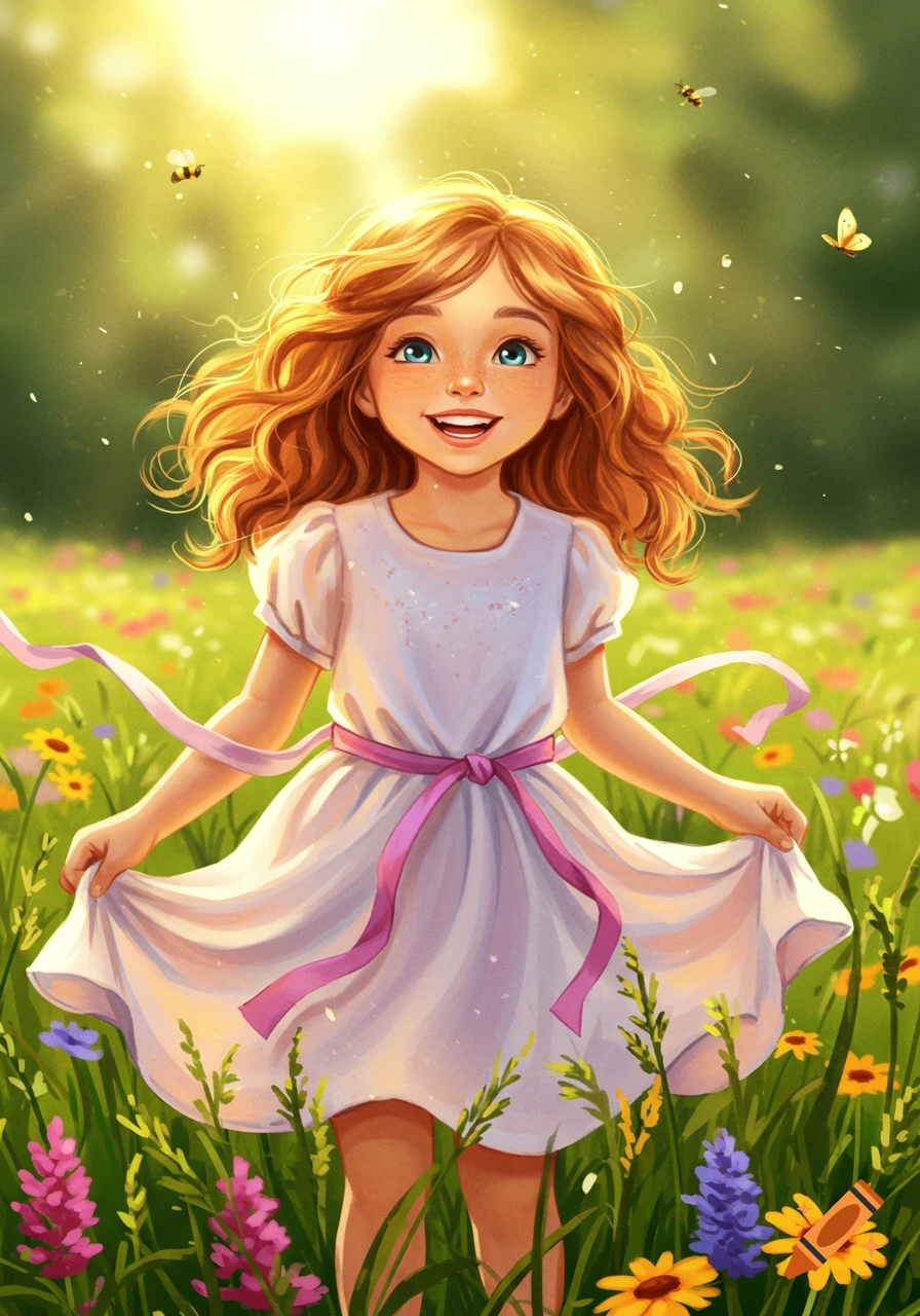 A cheerful, red-haired girl in a white dress stands in a sunny flower meadow with bees and a butterfly.