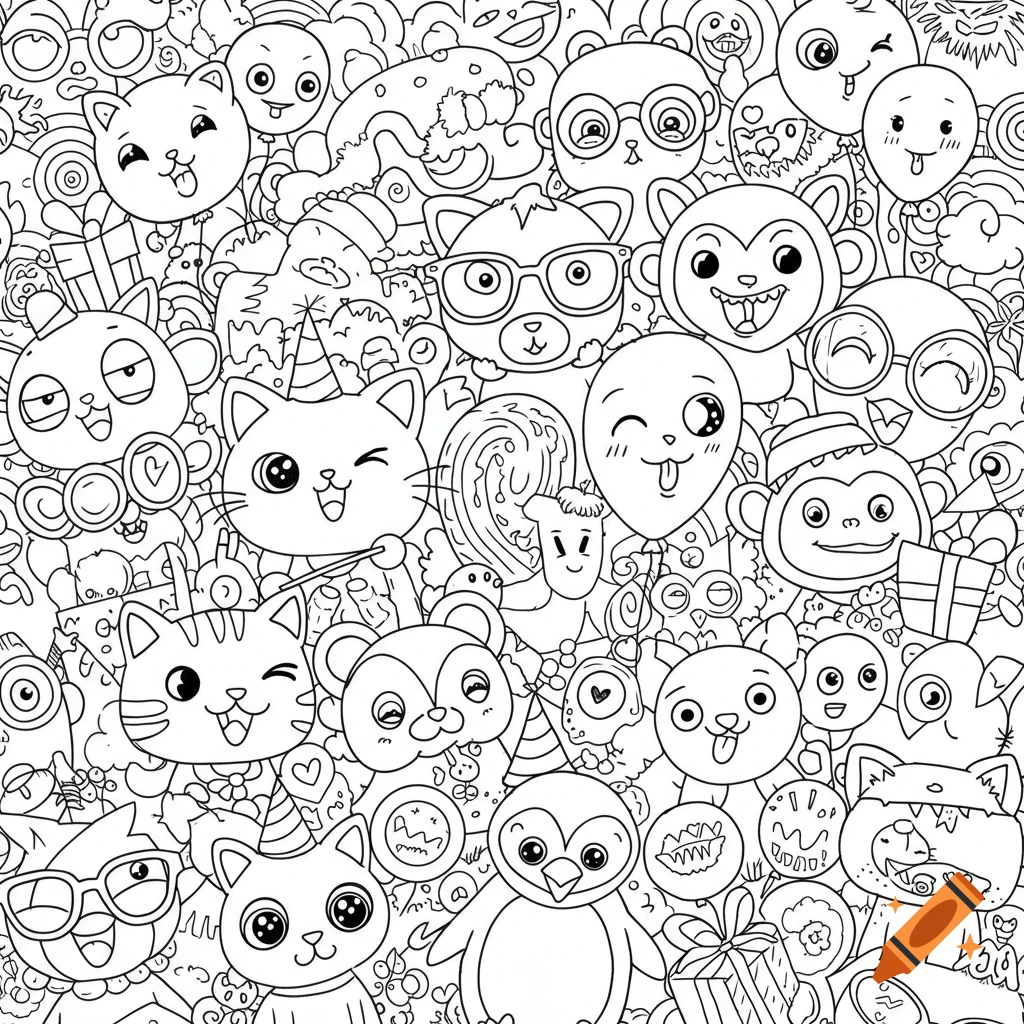 A chaotic black and white coloring book page filled with various smiling cartoon animals including cats, monkeys, penguins, and bears, some with party hats.