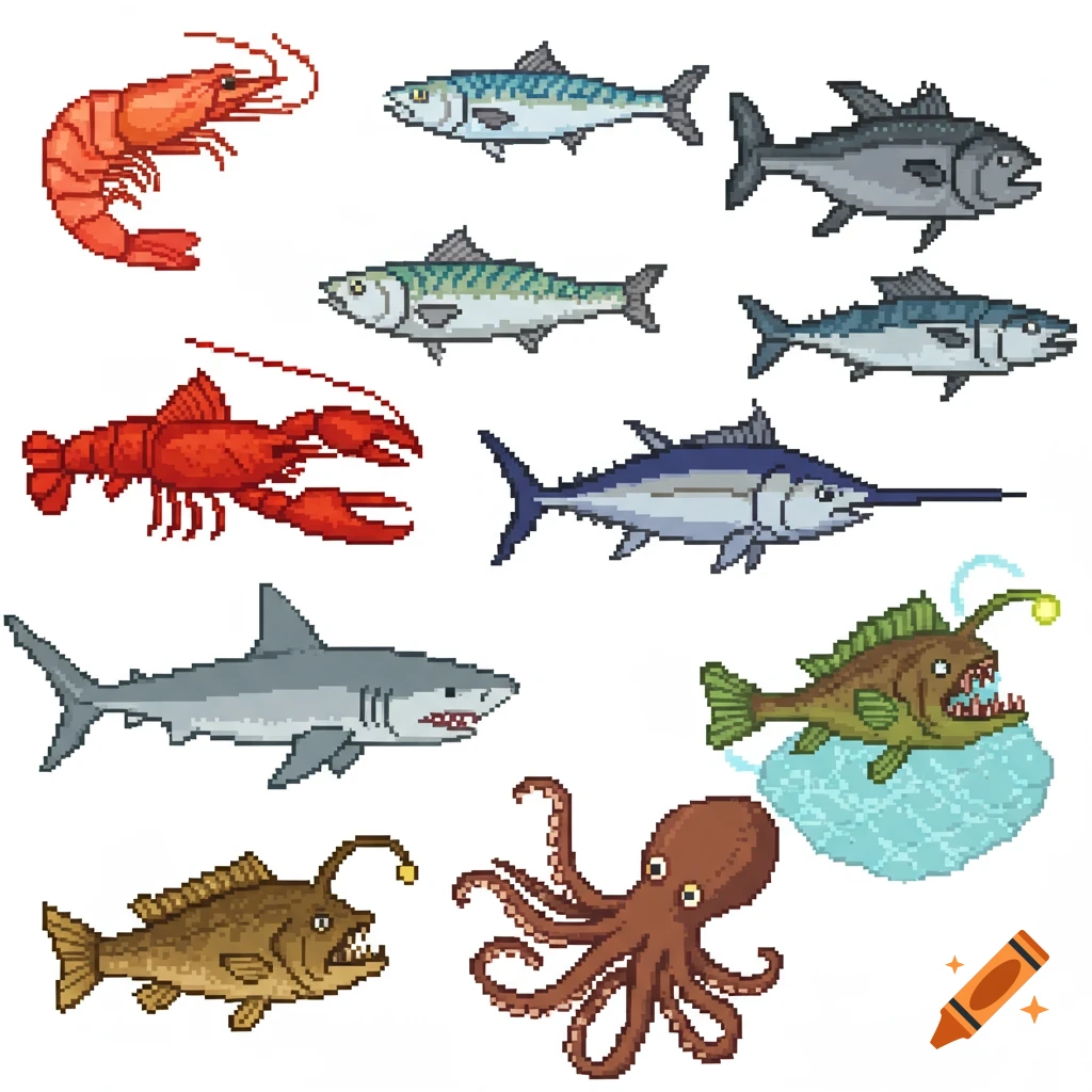 A collection of pixel art sea creatures, including shrimp, lobster, various fish like tuna, mackerel, swordfish, shark, monkfish, anglerfish, and an octopus.