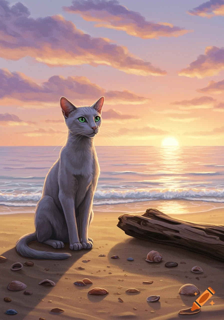 A painting of a gray cat sitting on a beach at sunset, looking out at the ocean.
