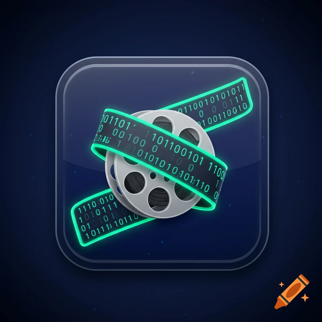 A stylized app icon featuring a gray film reel with a glowing green ribbon of binary code wrapped around it, set on a dark blue square background.