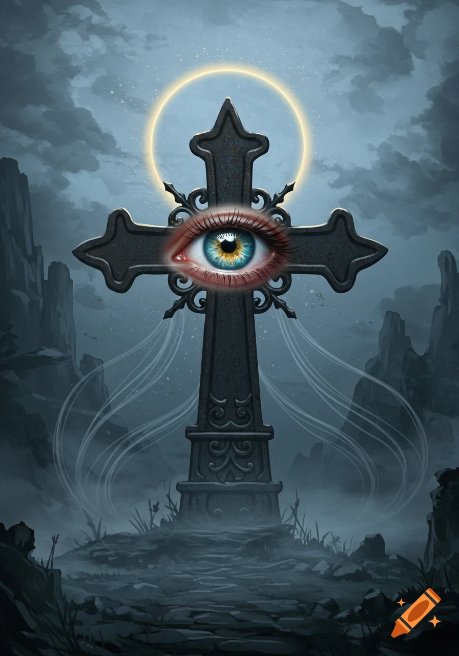 A blue-eyed eyeball rests on a dark, ornate cross with a glowing halo, set against a dark, cloudy, mystical landscape.