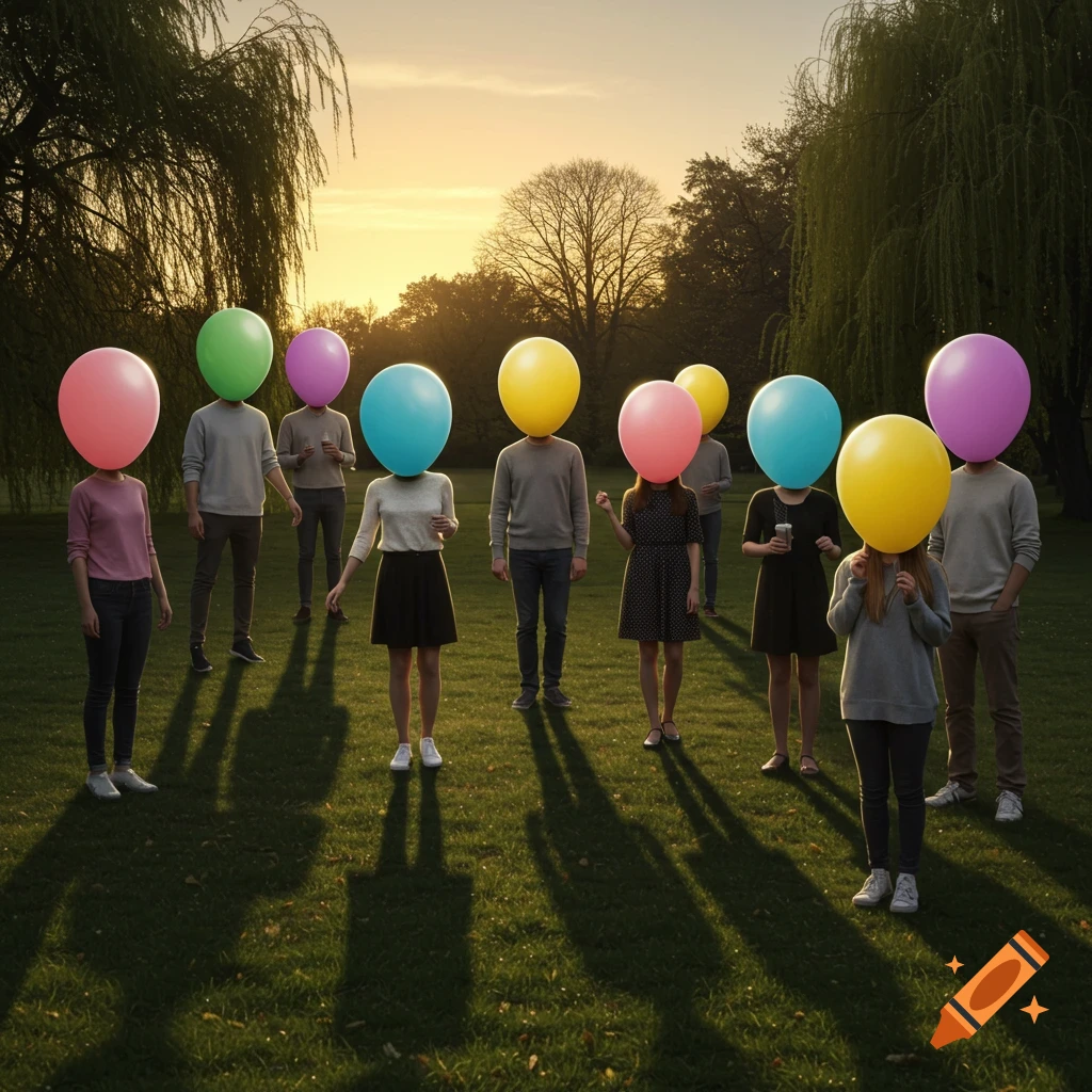 Ten people with large, colorful balloons for heads stand in a grassy park at sunset, casting long shadows.