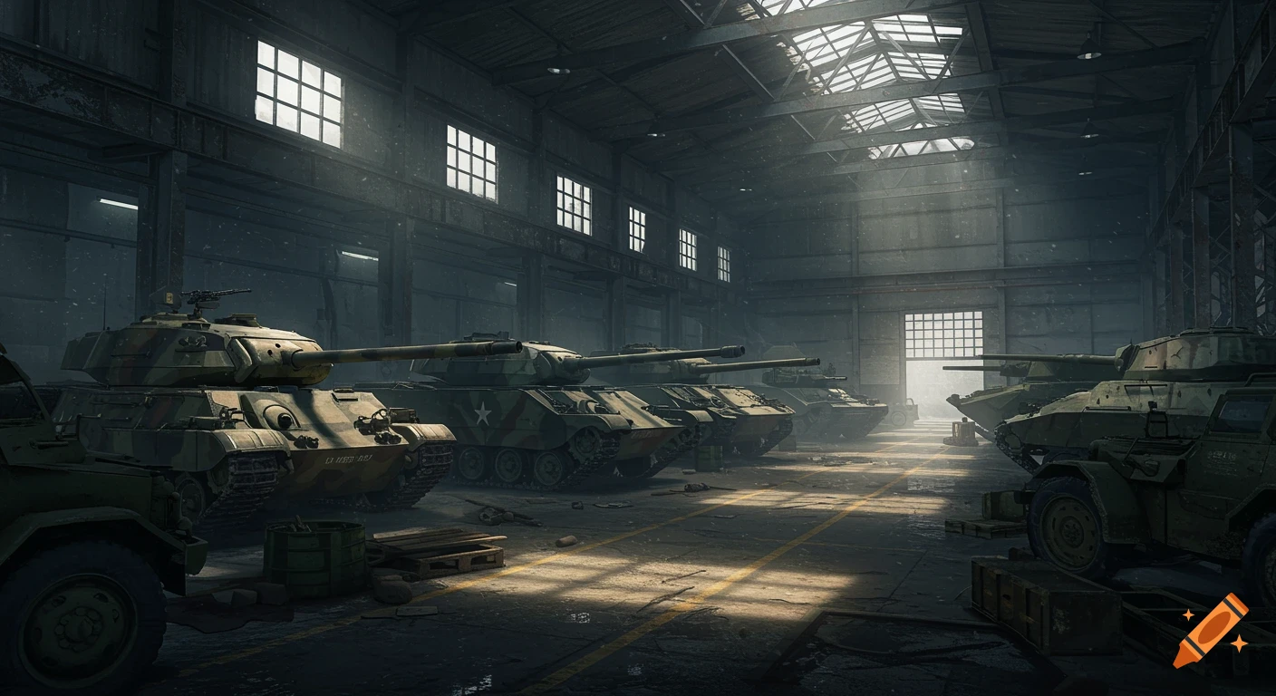 Photorealistic image of military tanks and armored vehicles parked inside a large, dusty warehouse with light streaming through windows.