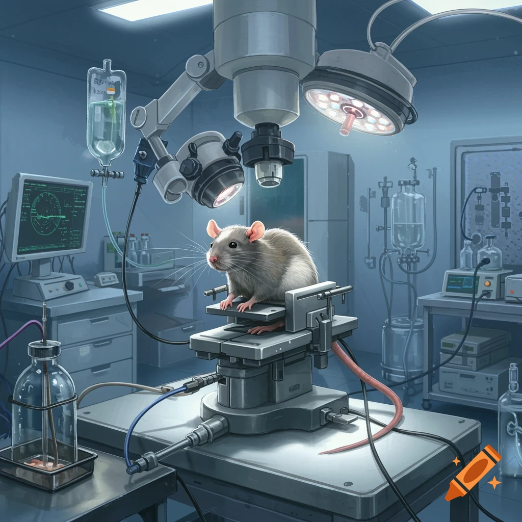A photorealistic image of a rat in a stereotactic frame in a laboratory setting, with scientific equipment and glowing lights.