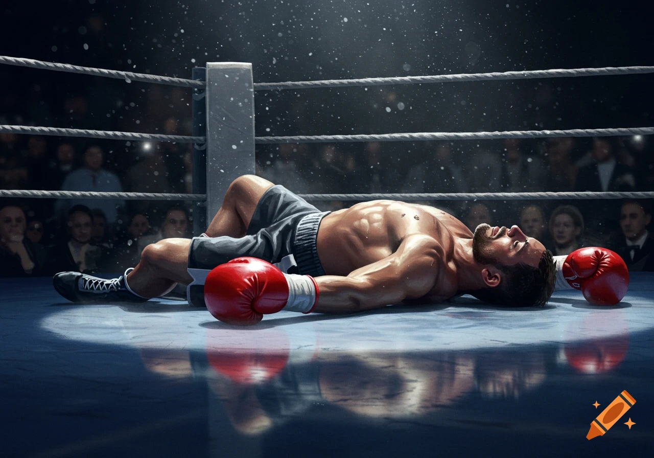 A male boxer lies knocked out on the floor of a boxing ring, spotlight shining on him as spectators watch.