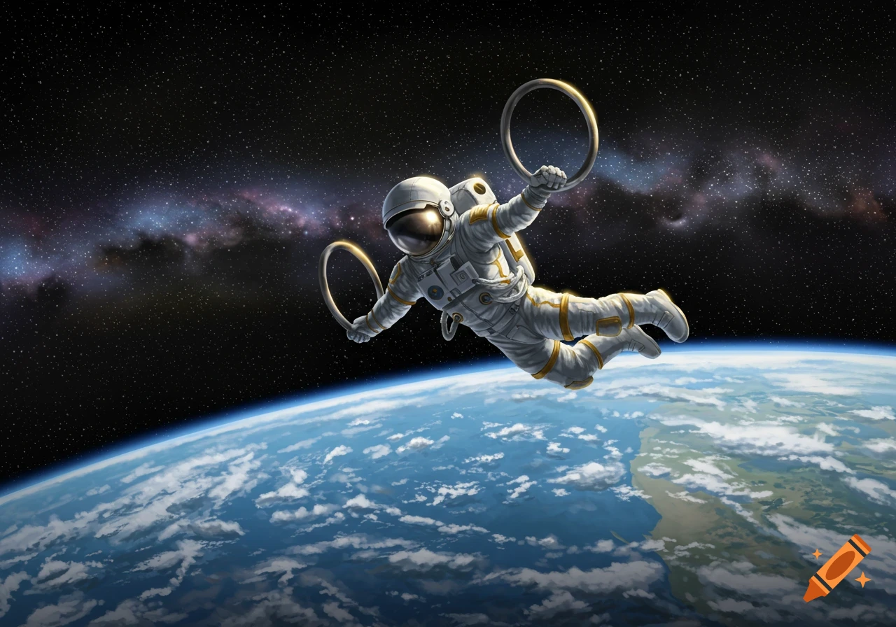 An astronaut floats in space above Earth, holding golden rings.