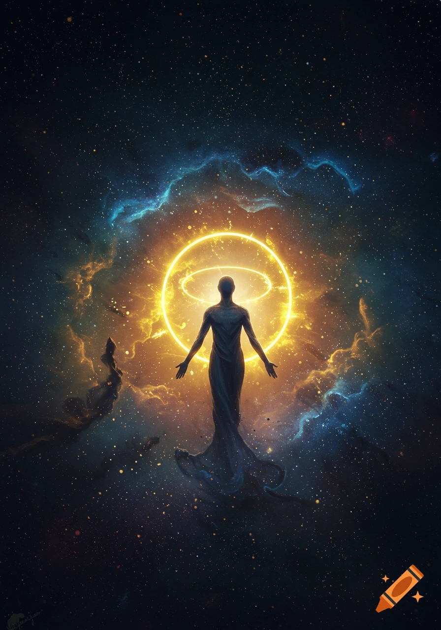 Silhouetted figure with outstretched arms stands in a cosmic void, surrounded by a bright golden halo and swirling nebulae.