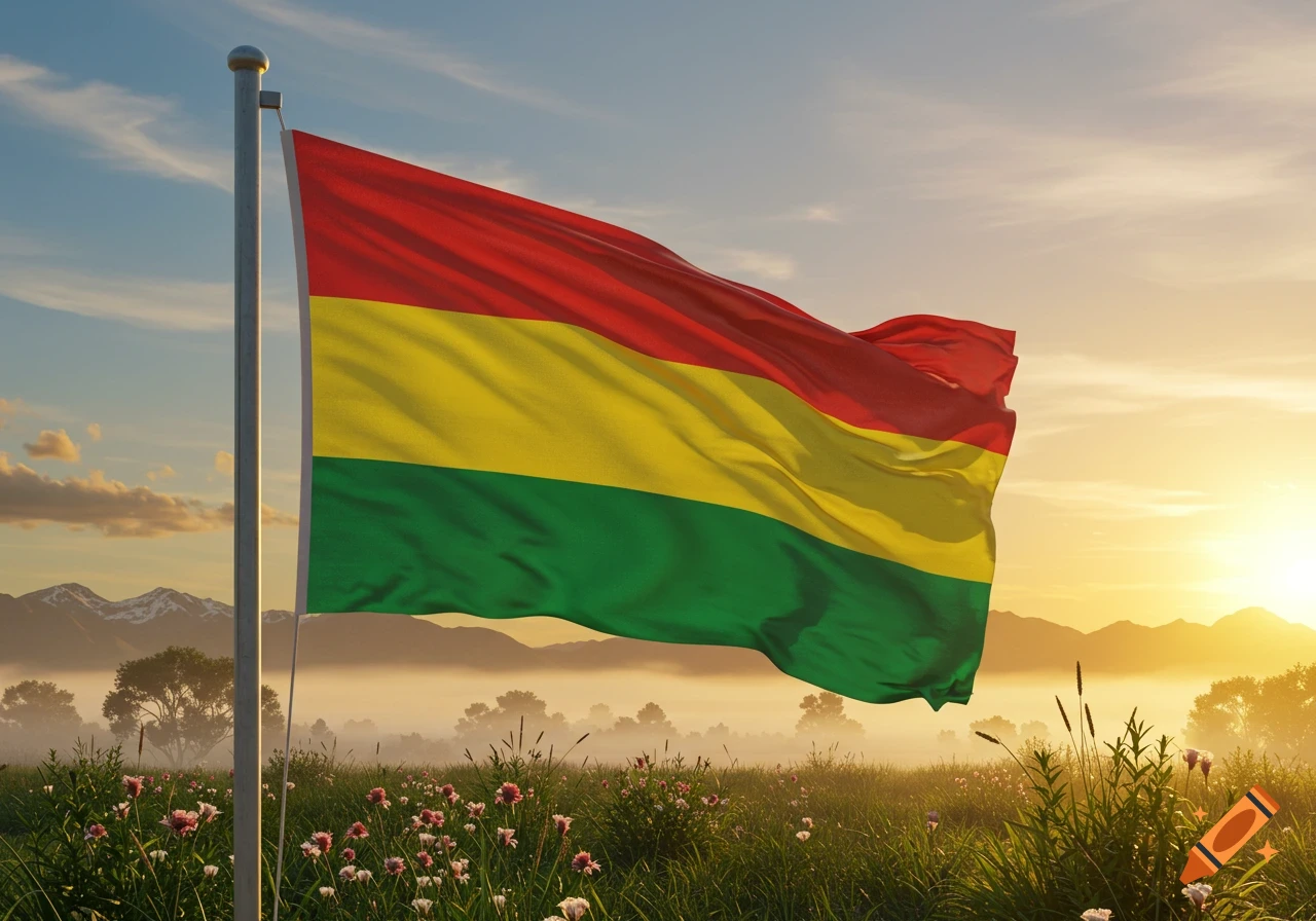 The Bolivian flag waves on a flagpole in a lush field of wildflowers with mountains and a misty sunrise in the background.