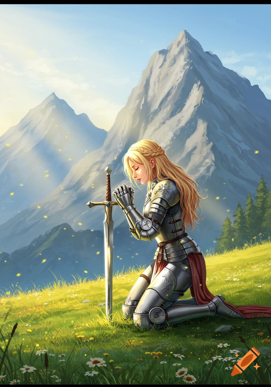 A blonde female knight in full plate armor kneels in prayer beside her sword on a grassy hillside with mountains in the background.