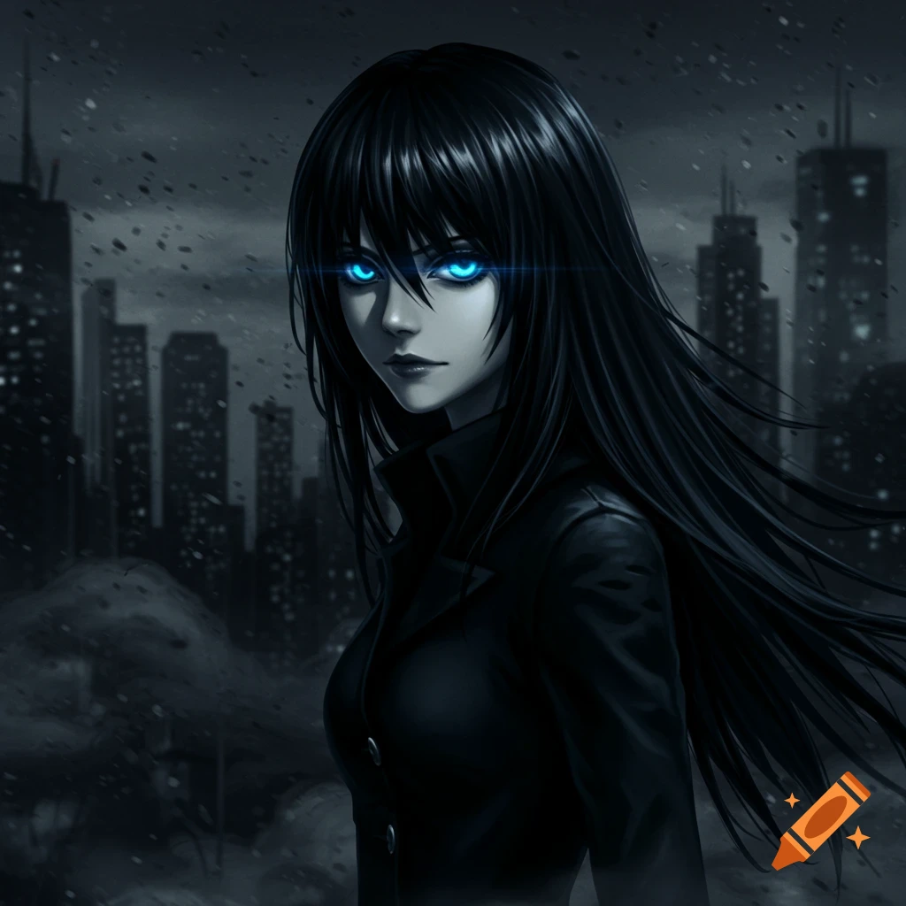Anime girl with long black hair and glowing blue eyes in a dark city landscape, Death Note art style.