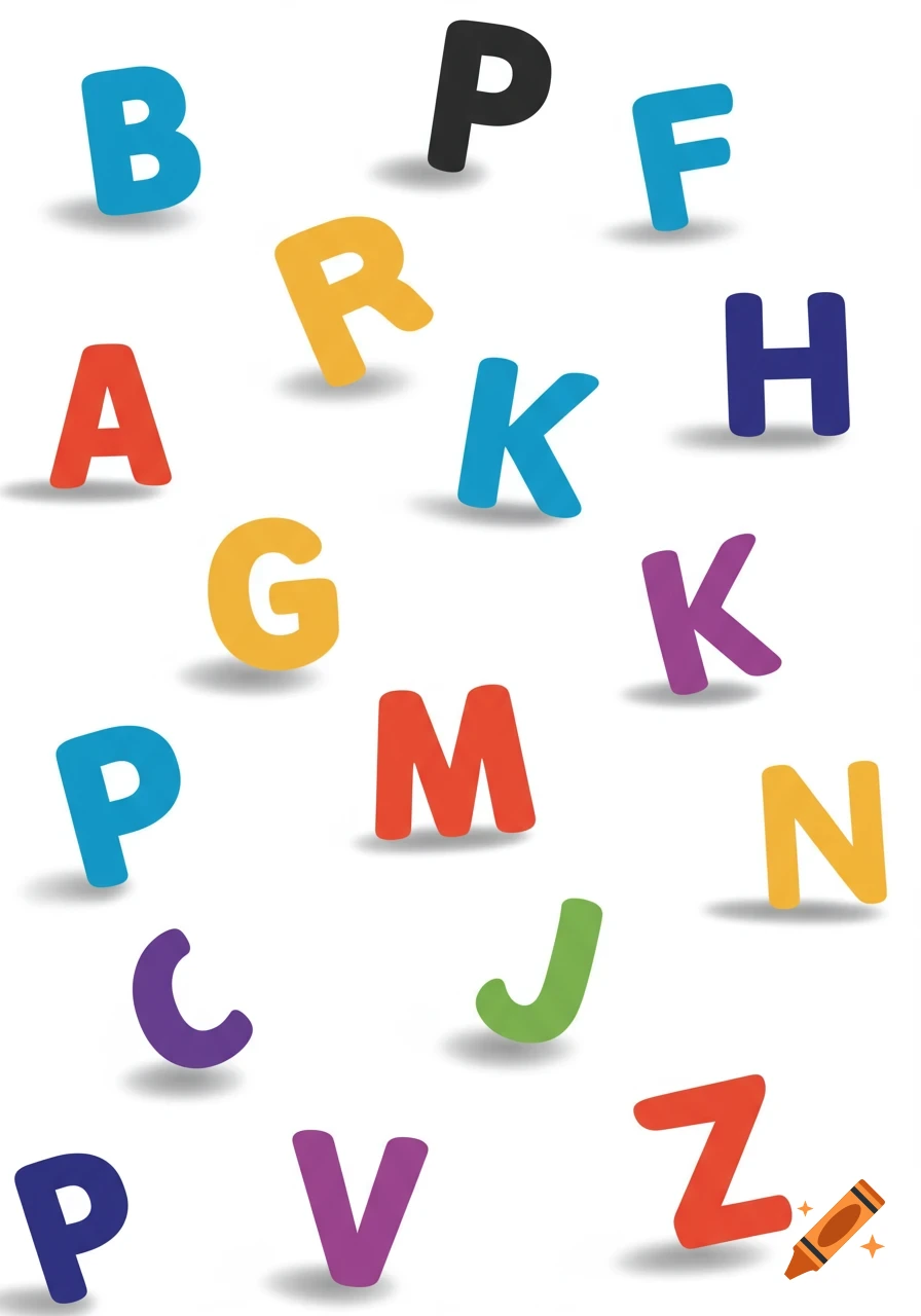 Colorful capital letters scattered on a white background with shadows, in a flat design style.