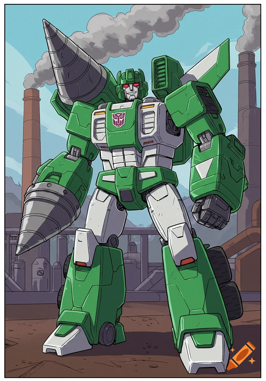 A bulky green and white Transformers-style robot with a drill arm stands in an industrial setting with smokestacks, in a comic book art style.