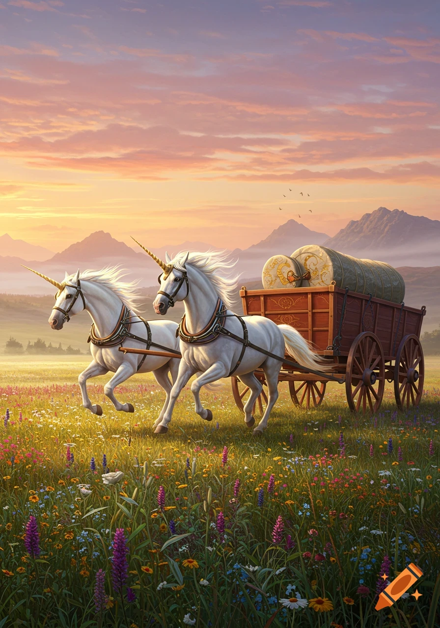 Two white unicorns with golden horns pull a wooden wagon through a vibrant wildflower meadow at sunset, with mountains in the background.