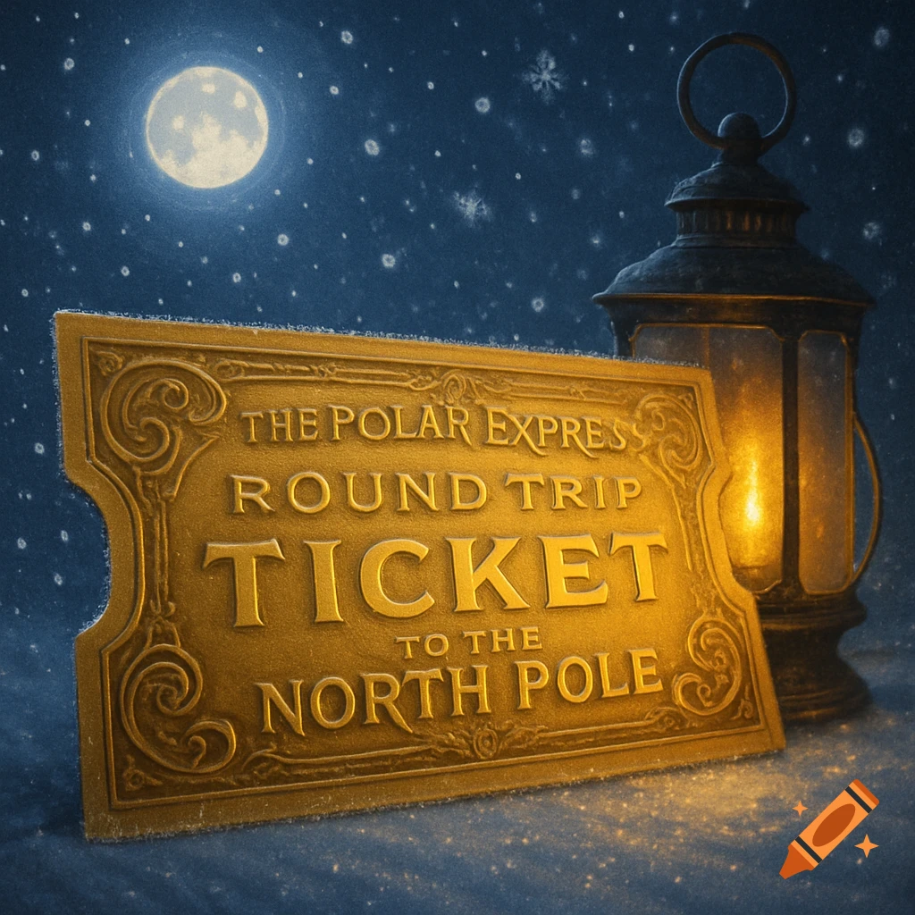 A golden Polar Express ticket and a lit lantern on a snowy night under a full moon, with text readable on the ticket.