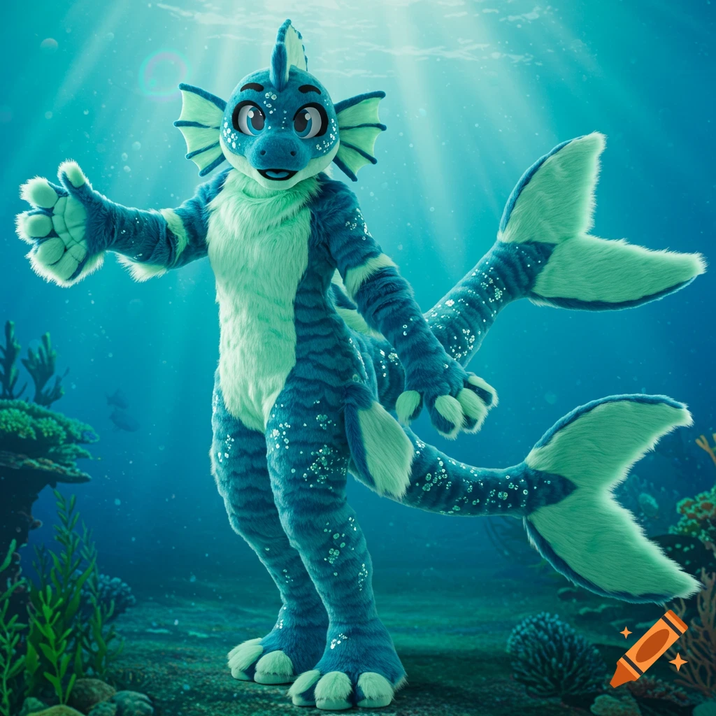 A blue and green anthropomorphic fish character in a fursuit stands on the ocean floor, surrounded by plants and sparkling bubbles, with light rays from above.