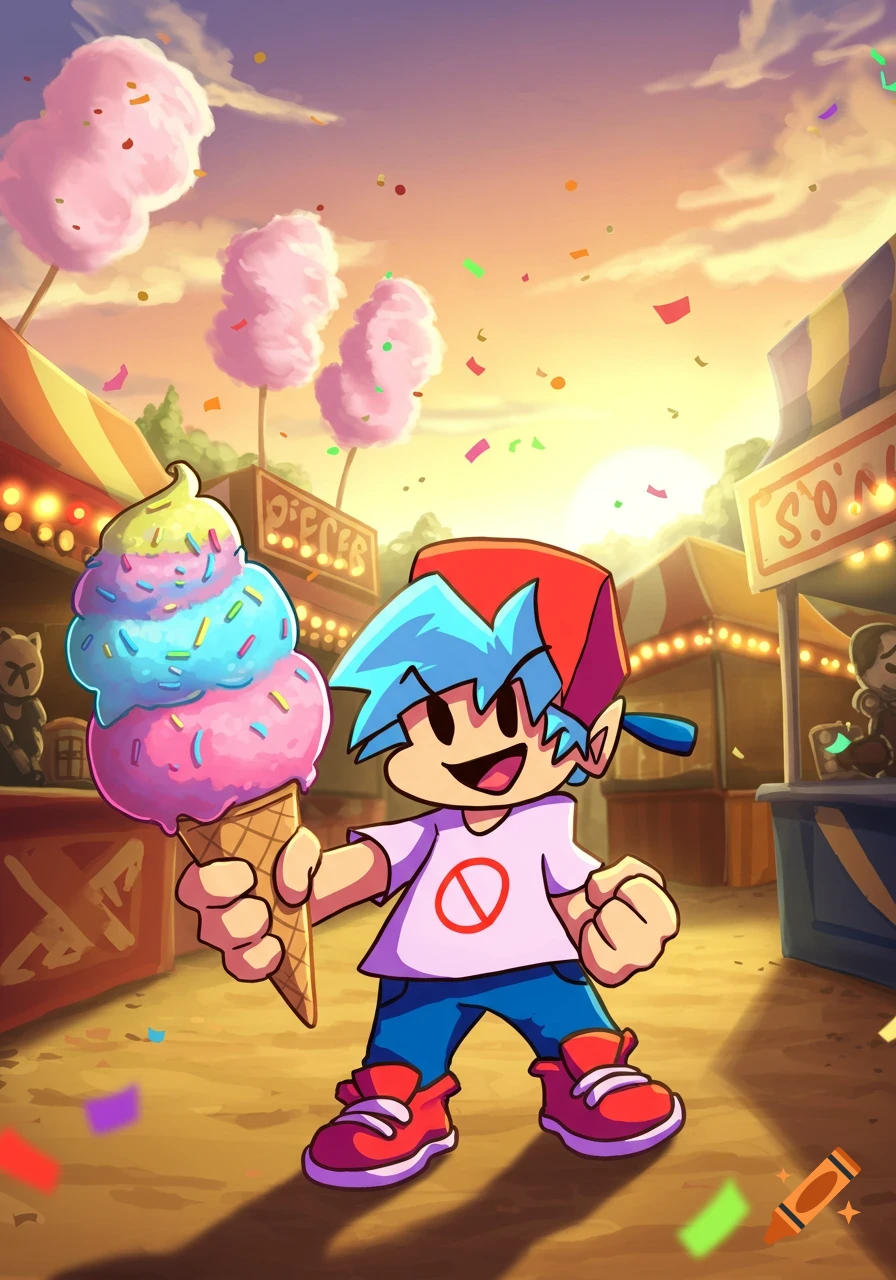 Cartoon Fnf bf character happily offers a colorful ice cream cone at a vibrant carnival.