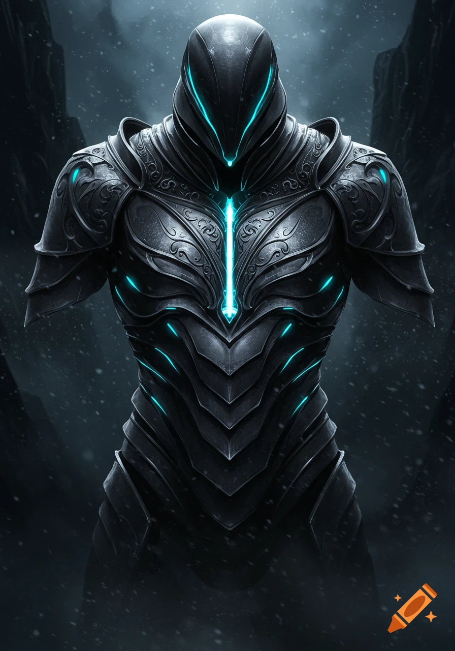 A dark, futuristic armored suit with glowing blue accents stands in a snowy, mountainous landscape in a concept art style.