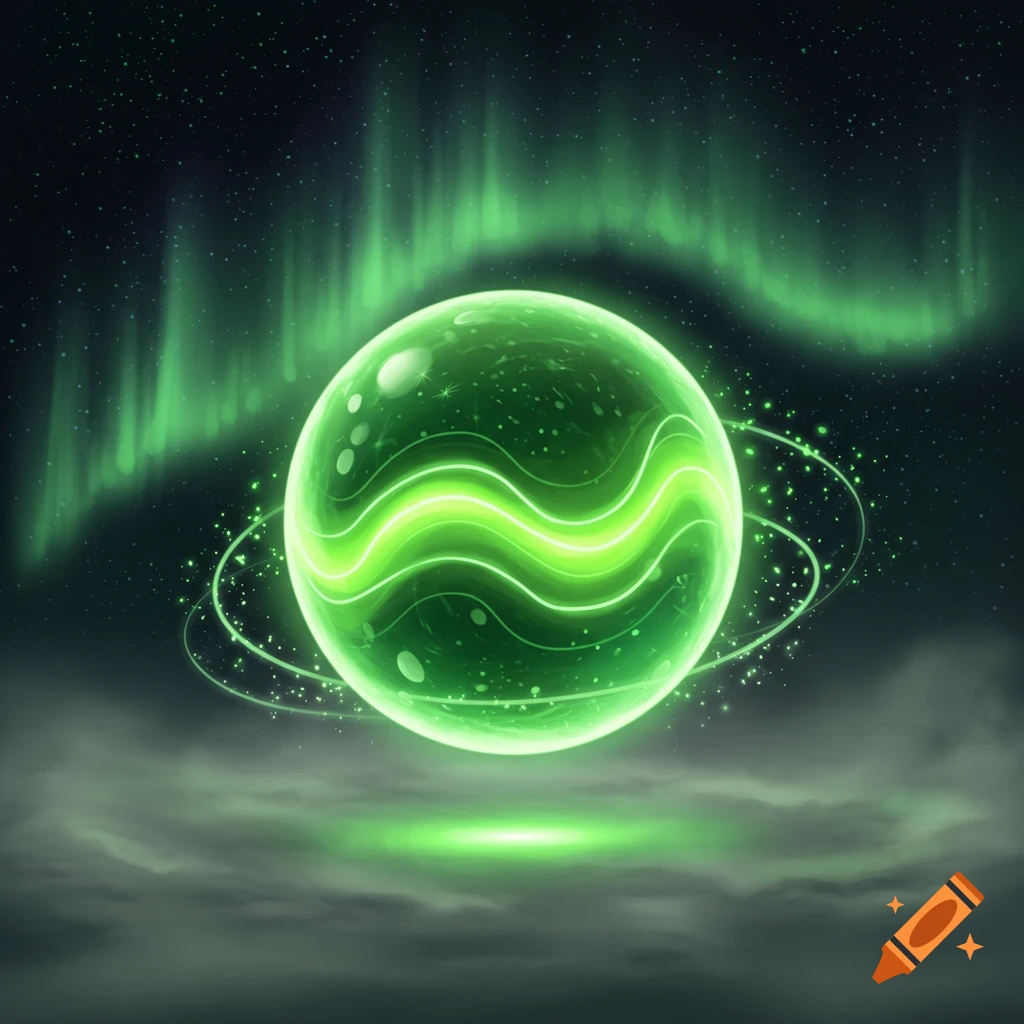 A vibrant green glowing orb with rings, set against a dark starry sky with green aurora lights and misty ground.