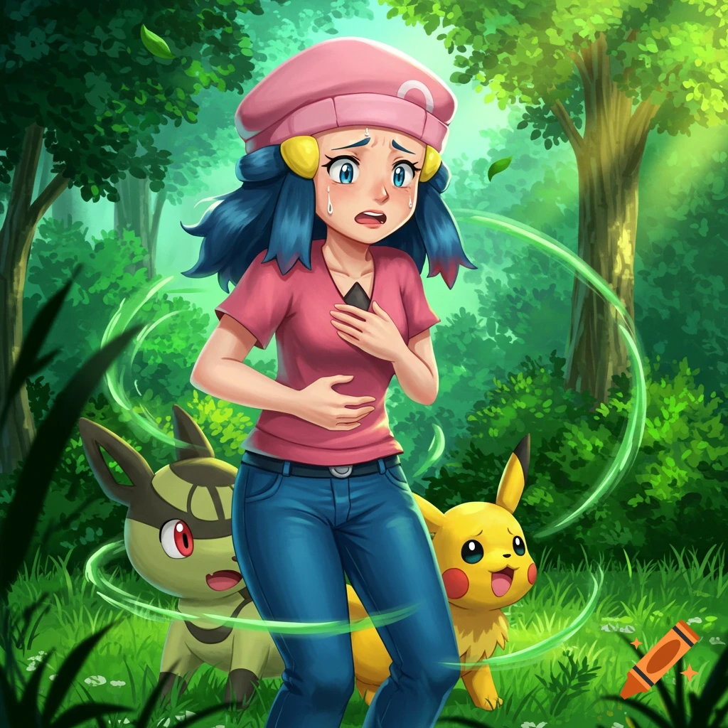 Anime character Dawn from Pokemon is distressed in a vibrant forest with Pikachu and another Pokemon, green swirls around her.