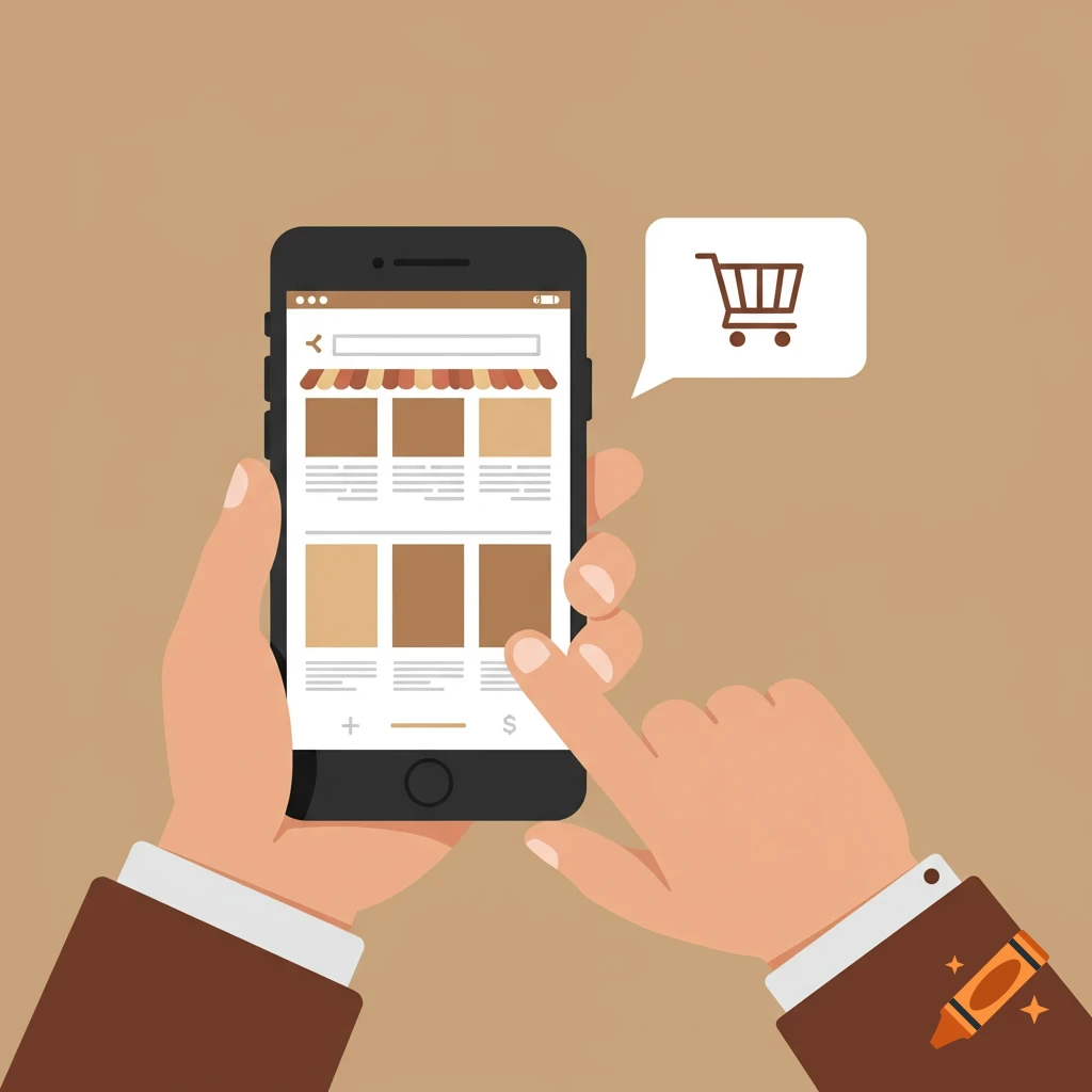 A cartoon illustration of hands holding a smartphone displaying an e-commerce website with a shopping cart icon in a speech bubble.
