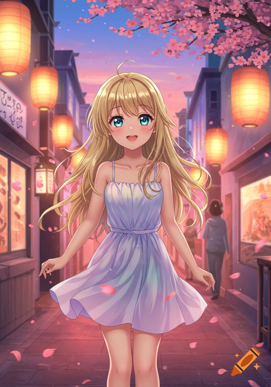 Blonde anime girl in a lavender dress stands on a street with lanterns and cherry blossoms.