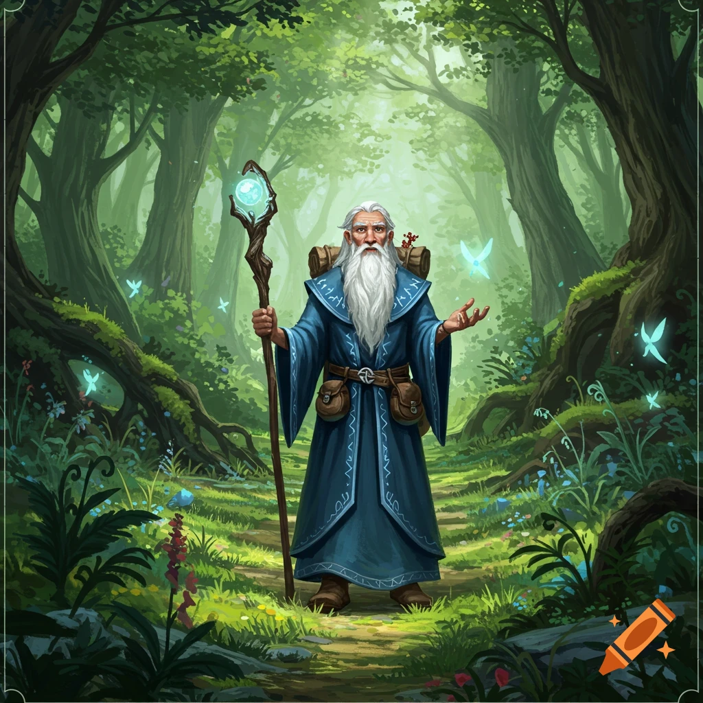 A white-bearded wizard in a blue robe stands in an enchanted forest with glowing fairies, holding a glowing staff.