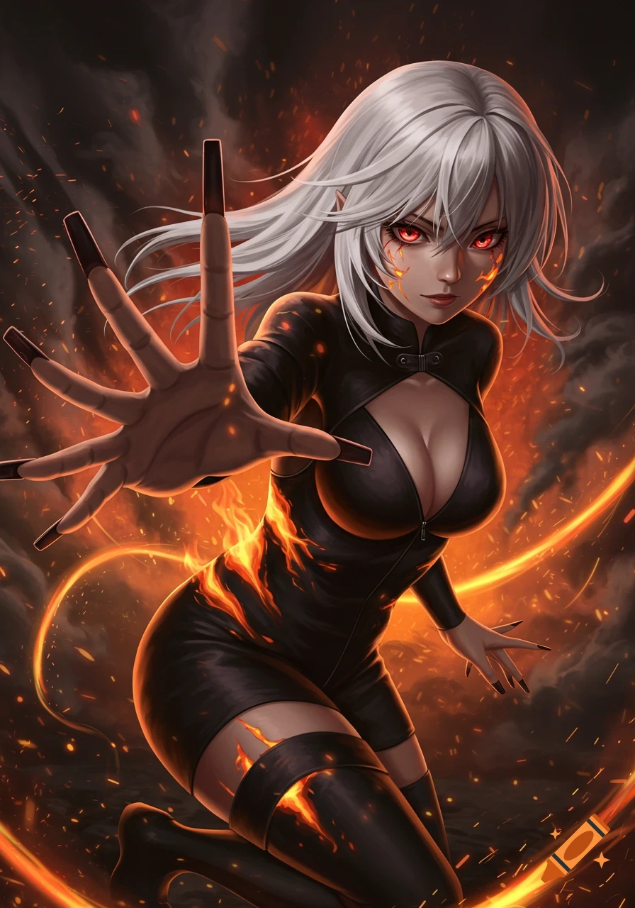 An anime girl with white hair, red glowing eyes, and fiery markings wears a black cutout jumpsuit, reaching out a hand with long square nails against a fiery background with embers.