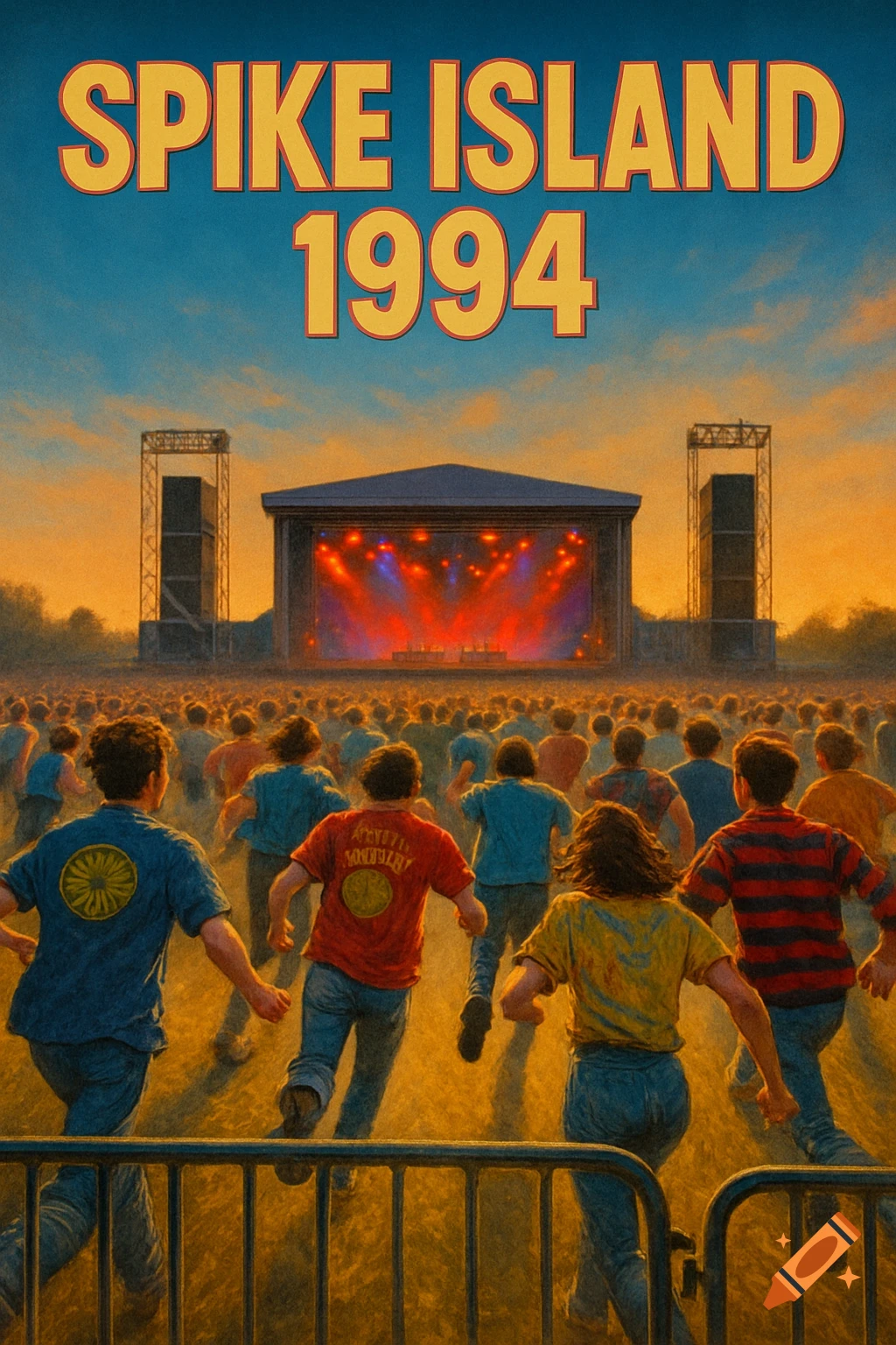 A crowd of people running towards a brightly lit stage at an outdoor concert, with 'SPIKE ISLAND 1994' written at the top.