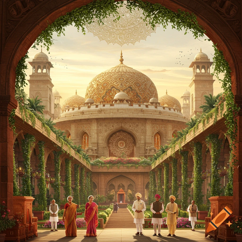 A grand Indian palace with golden domes and intricate carvings, framed by a stone archway with hanging vines, with people in traditional attire standing on a courtyard path.