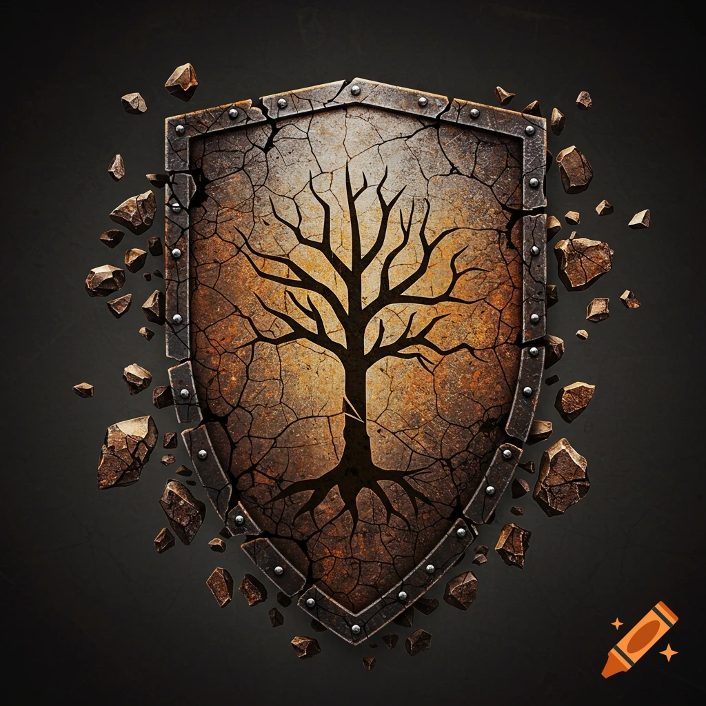 A detailed emblem of a shield with a silhouette of a bare tree, surrounded by crumbling rocks, against a dark background.