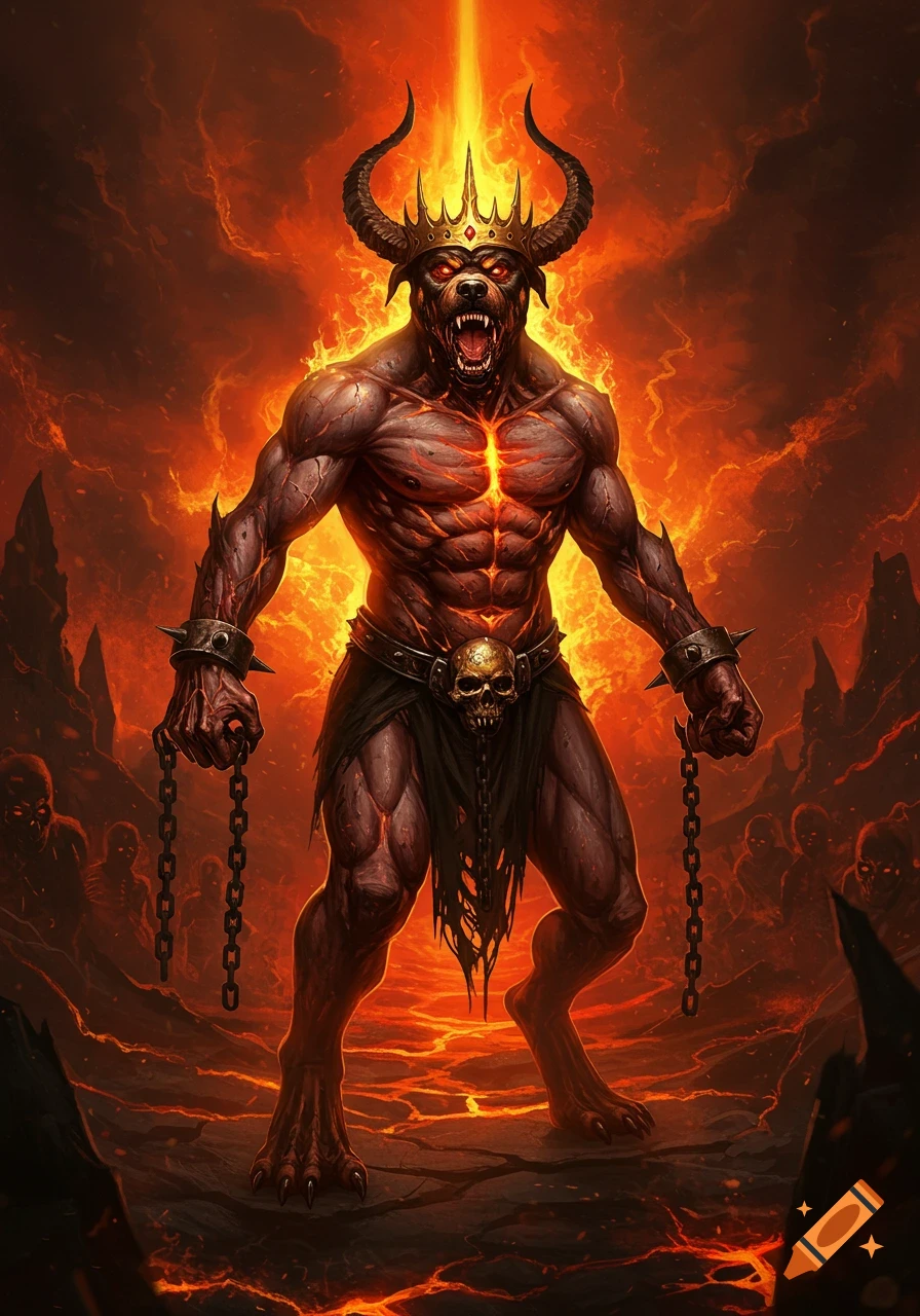 A demonic, muscular, bear-headed creature with horns and a crown stands in a fiery hellscape, holding chains.