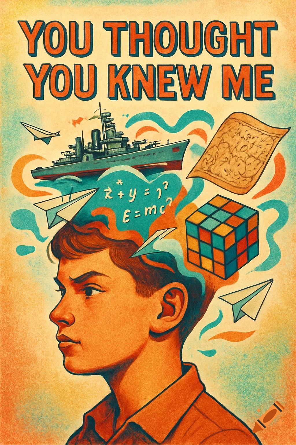 Retro illustration of a boy with a mind full of a battleship, map, equations, Rubik's Cube, and paper airplanes. Text: "YOU THOUGHT YOU KNEW ME"