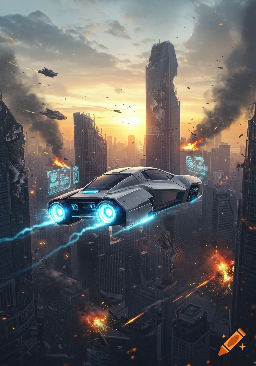 A futuristic flying car soars above a ruined, burning cityscape at sunset with other vehicles in the sky.
