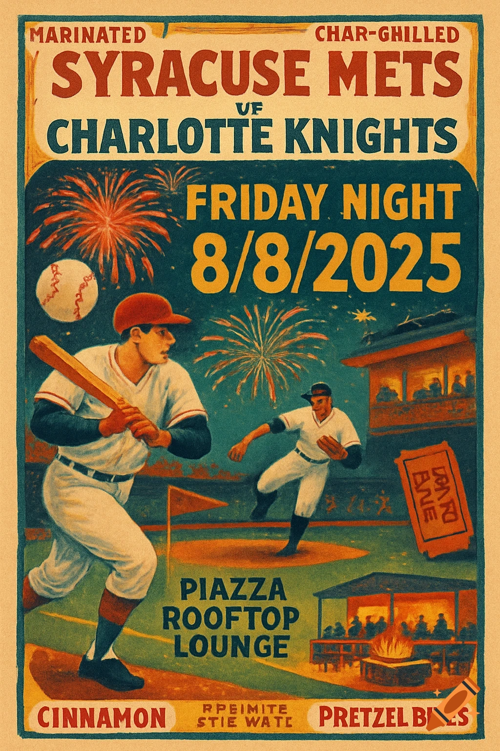A vintage-style baseball poster shows two players on the field with fireworks in the night sky. Text advertises "Syracuse Mets vf Charlotte Knights" on "Friday Night 8/8/2025" at "Piazza Rooftop Lounge" with food items.