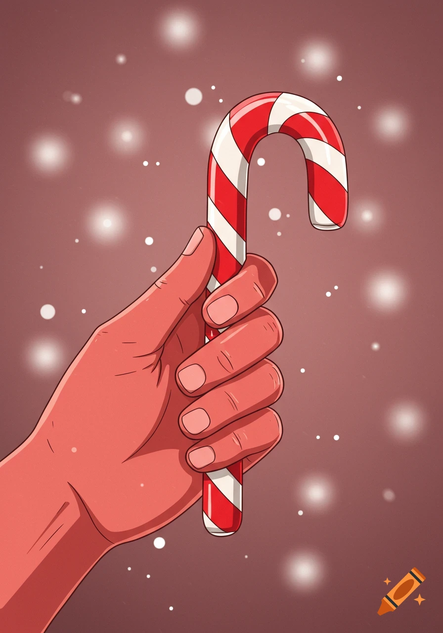 A hand holds a red and white striped candy cane against a red background with white dots, in an illustration style.