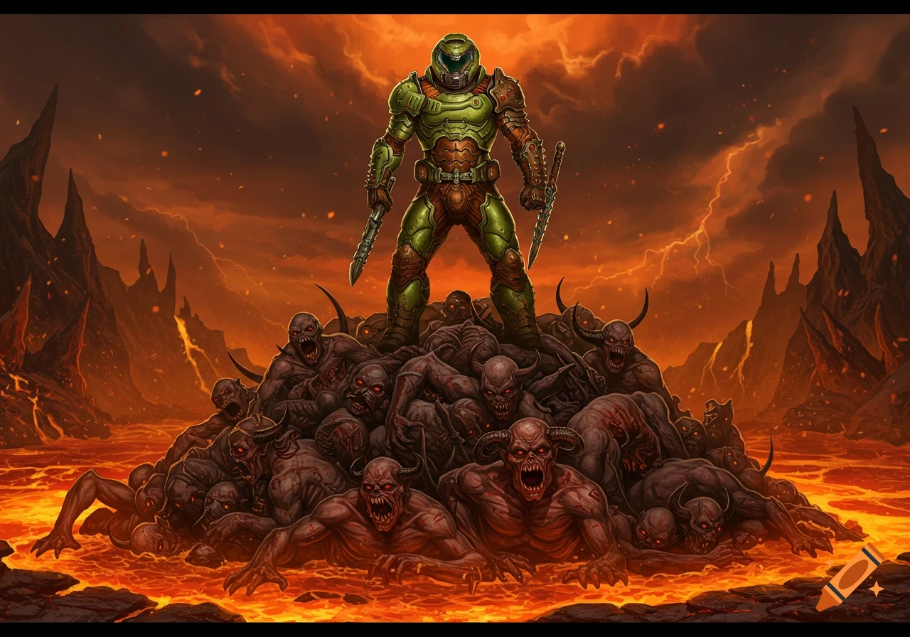 Doom Guy, clad in green armor, stands victoriously on a pile of defeated demons in a fiery, hellish landscape.