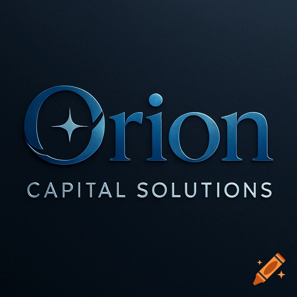 Blue embossed logo for Orion Capital Solutions with a star symbol on a dark background.