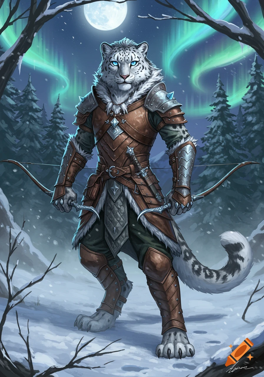 A snow leopard leonin ranger in leather armor holds a bow in a snowy forest under the northern lights and full moon.